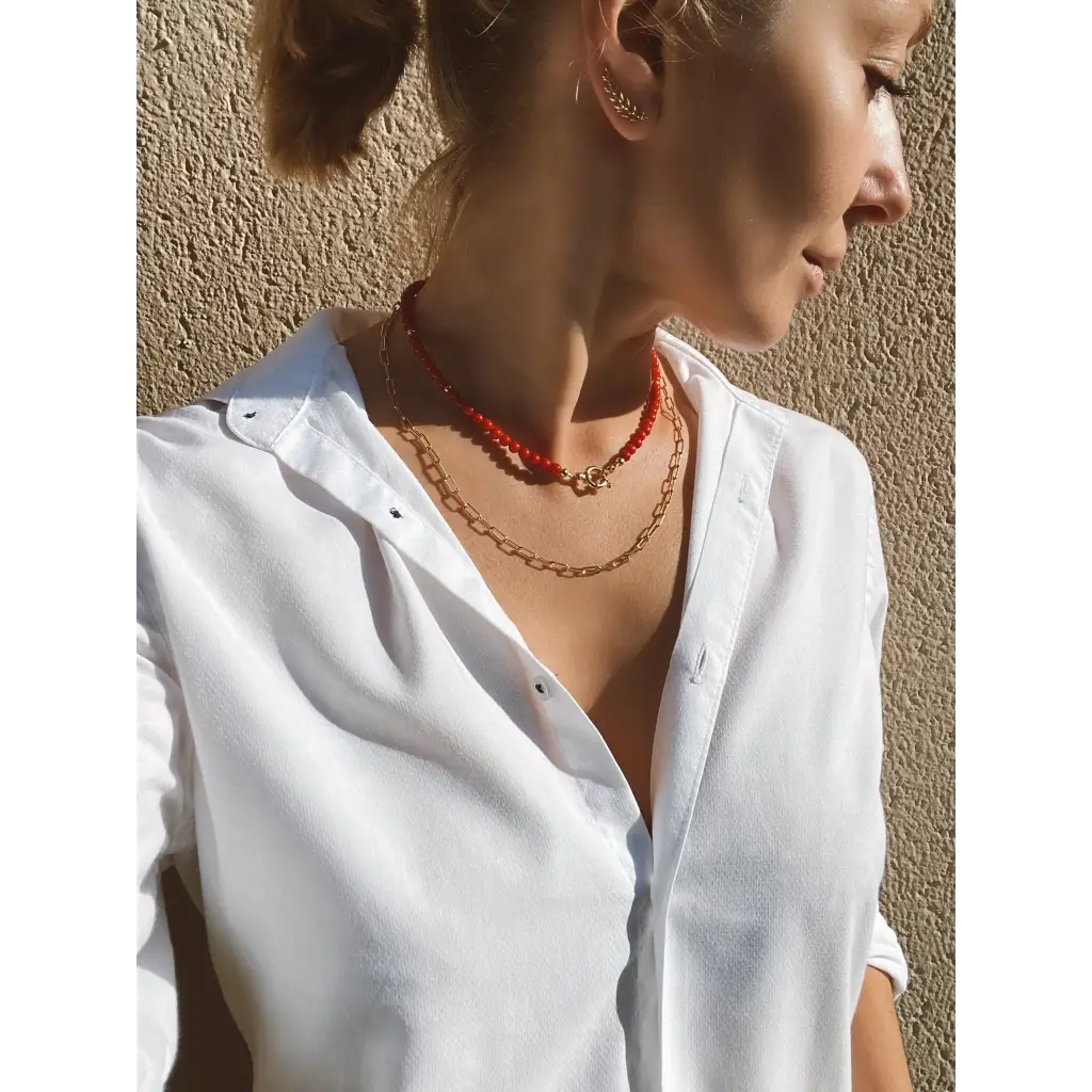 Short red bamboo coral necklace with gold filled silver