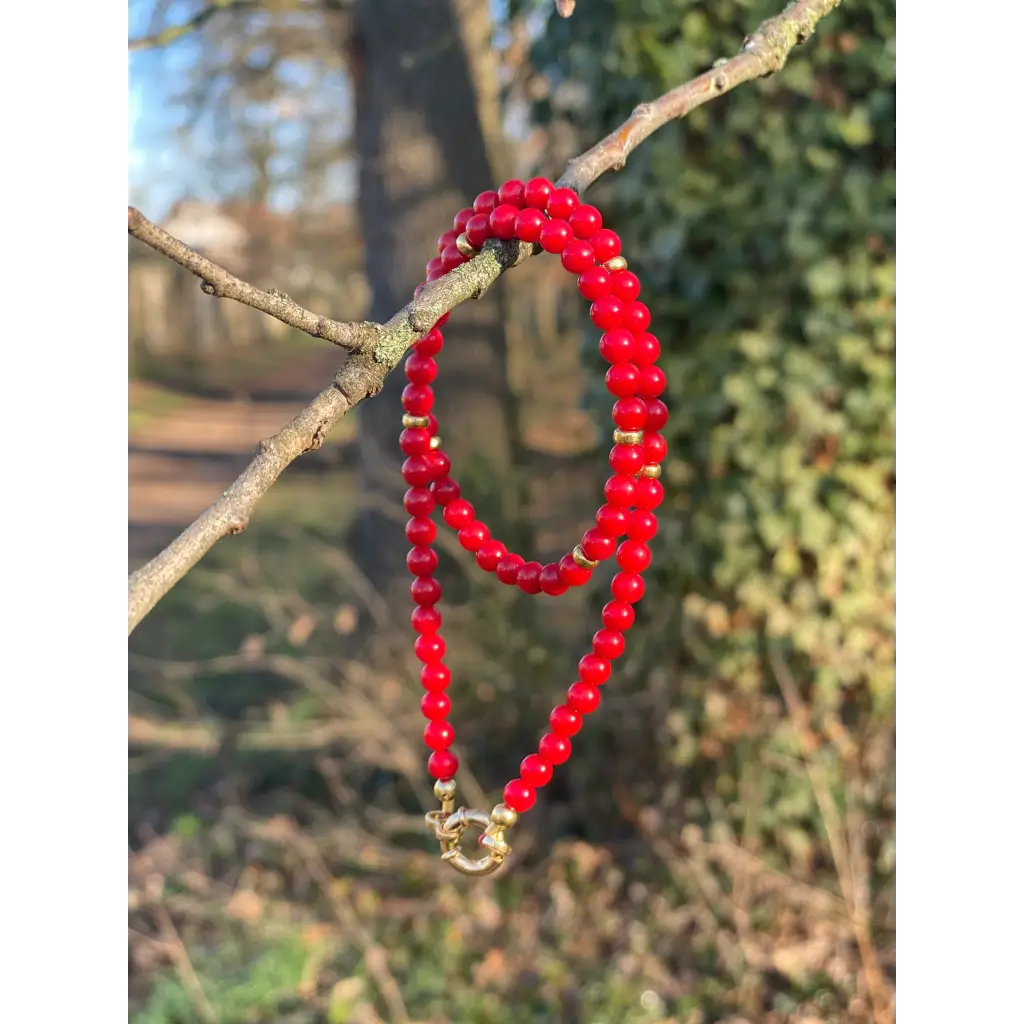 Short red bamboo coral necklace with gold filled silver