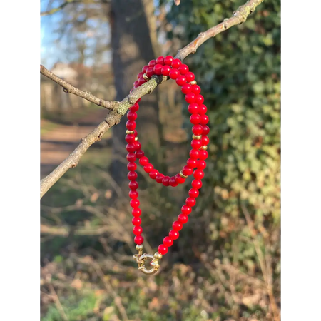 Short red bamboo coral necklace with gold filled silver