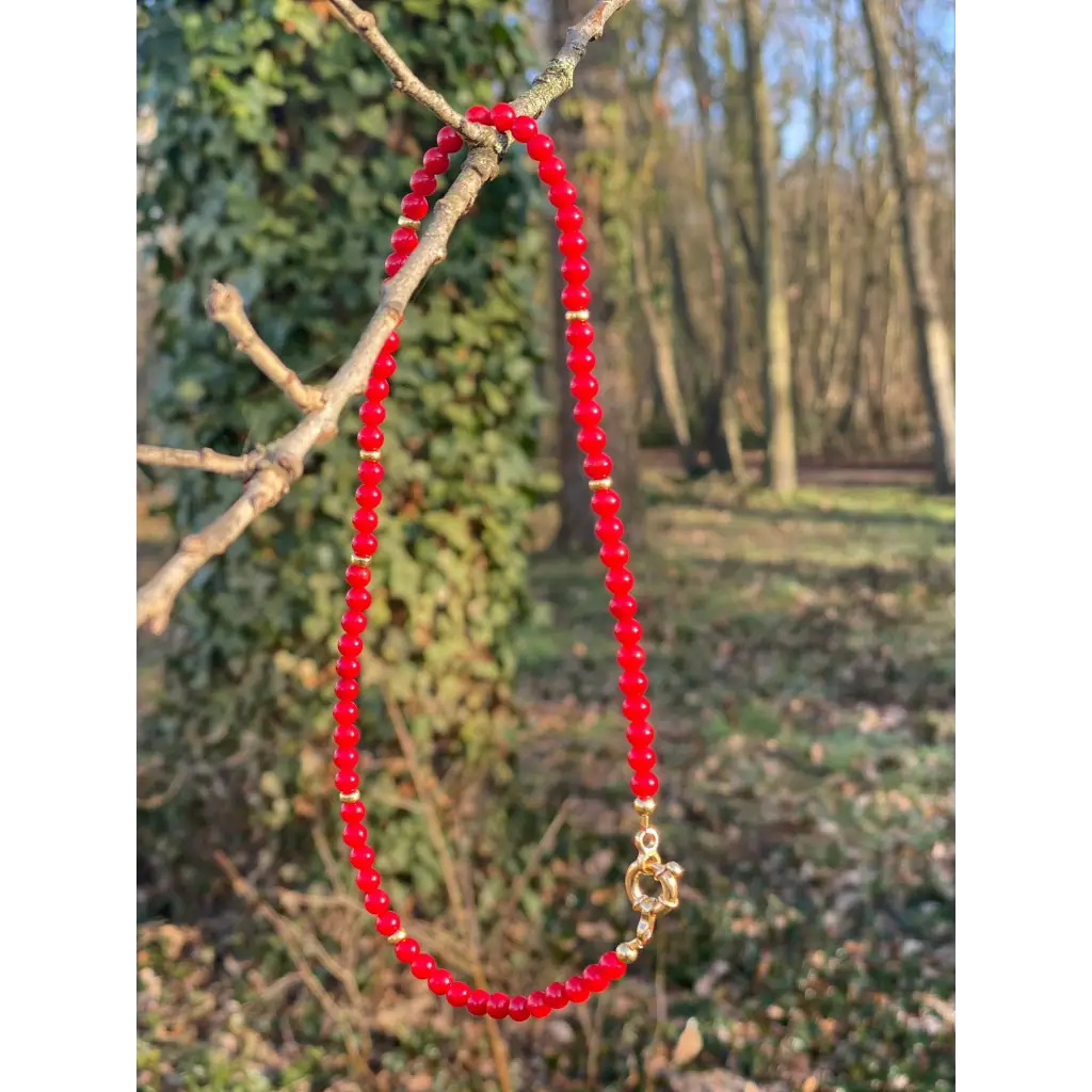 Short red bamboo coral necklace with gold filled silver