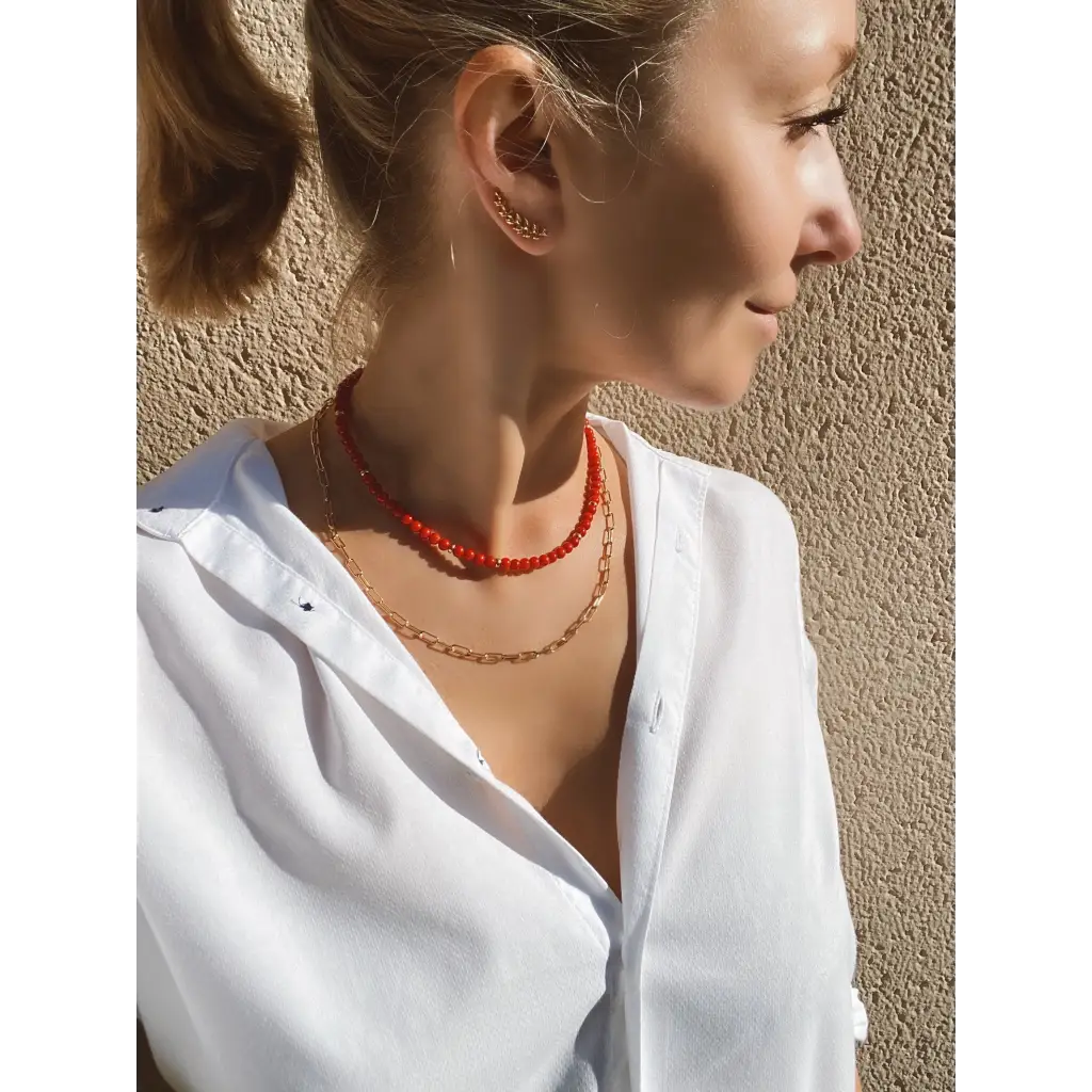 Short red bamboo coral necklace with gold filled silver