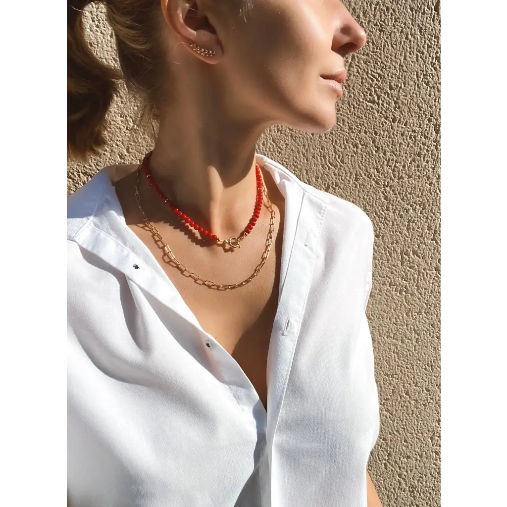 Short red bamboo coral necklace with gold filled silver