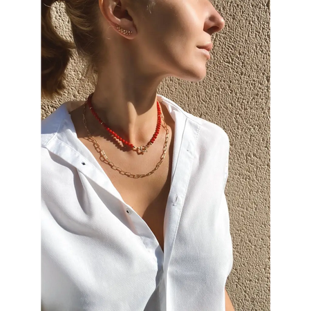 Short red bamboo coral necklace with gold filled silver