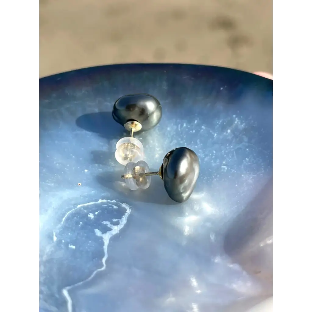 Tahitian keshi pearl stud earrings solid gold 18k