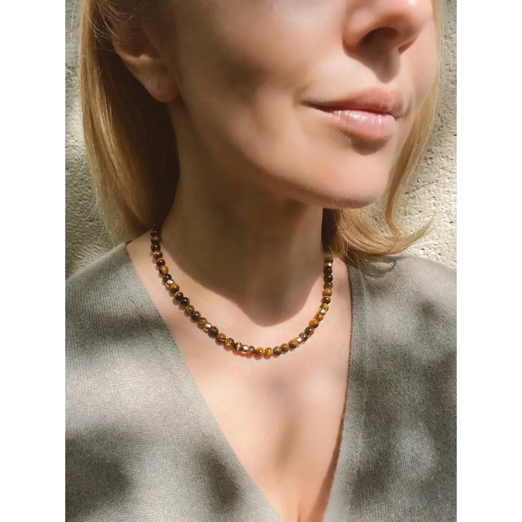 Tigers eye beaded necklace gold filled layering necklace