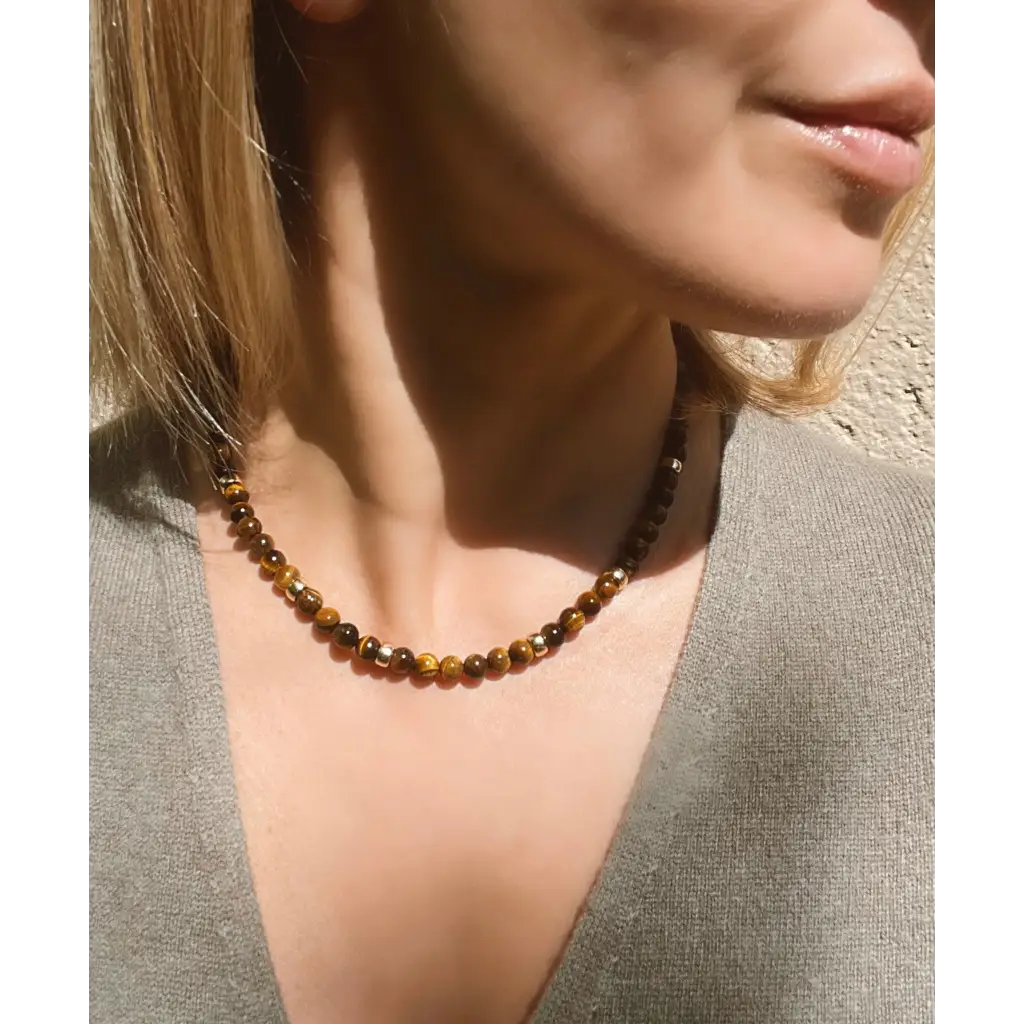 Tigers eye beaded necklace gold filled layering necklace