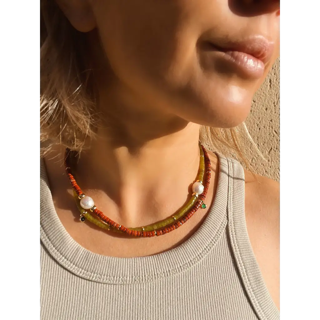Tire gemstone beads and kasumi pearl necklace transformer