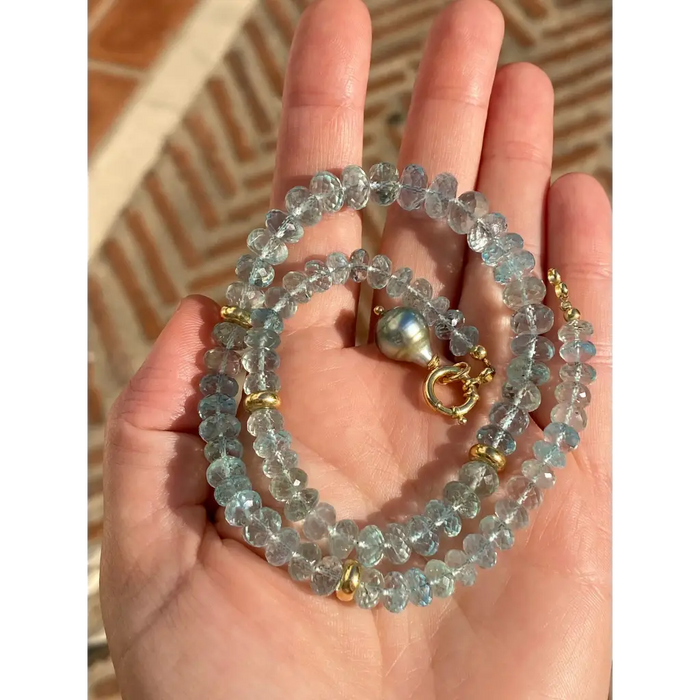 Top quality genuine aquamarine beads and 18k gold necklace