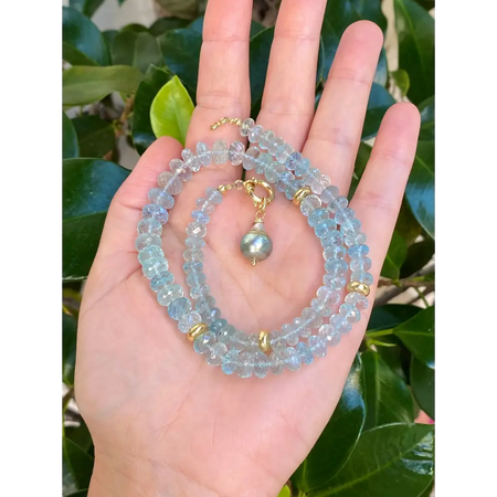 Top quality genuine aquamarine beads and 18k gold necklace