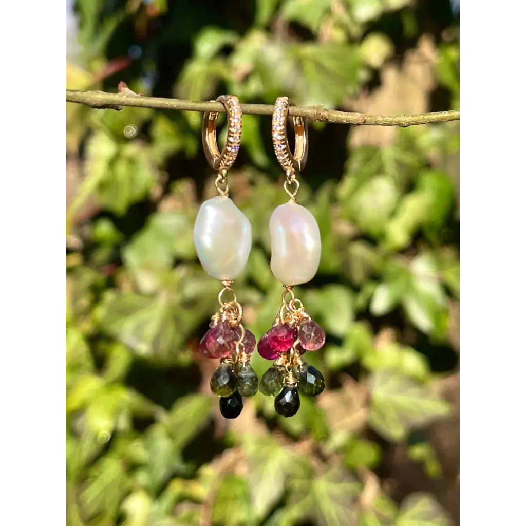 Tourmaline and pearl dangle earrings statement earrings gift