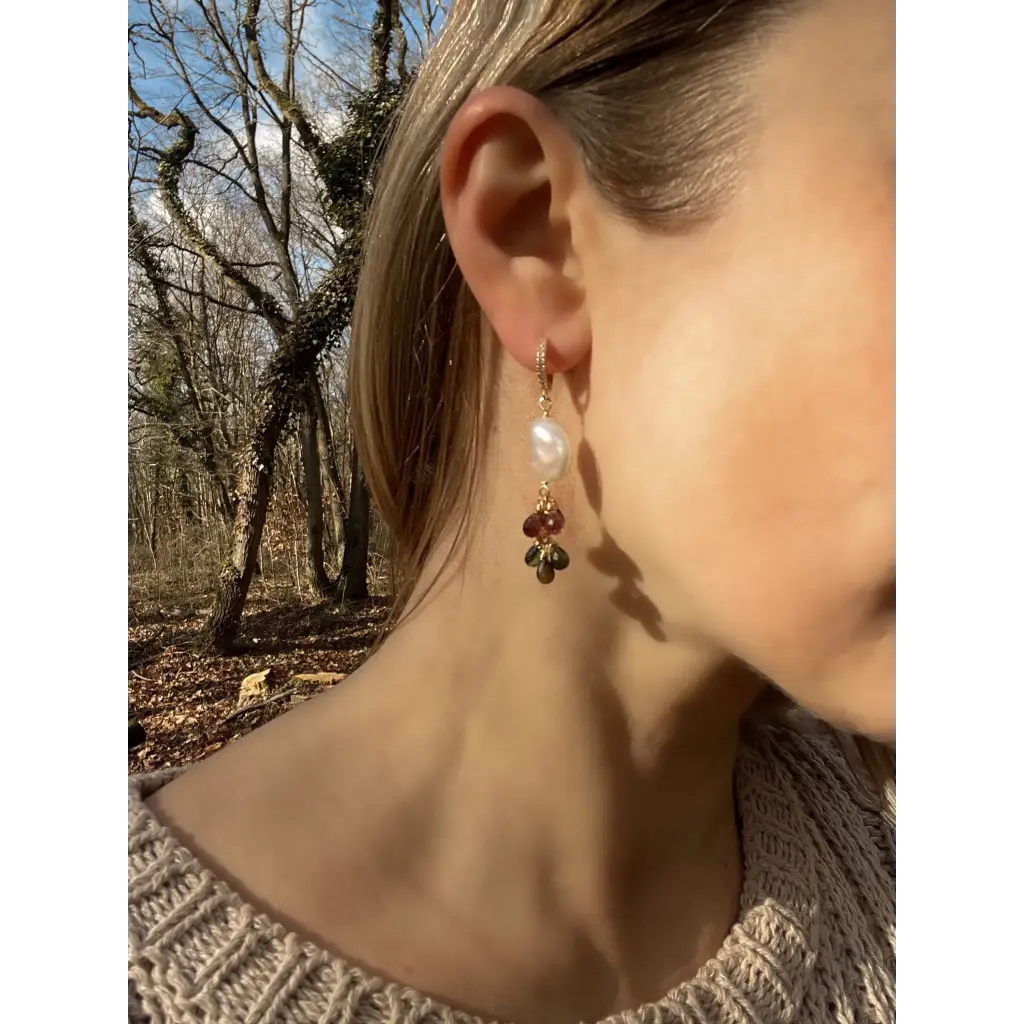 Tourmaline and pearl dangle earrings statement earrings gift