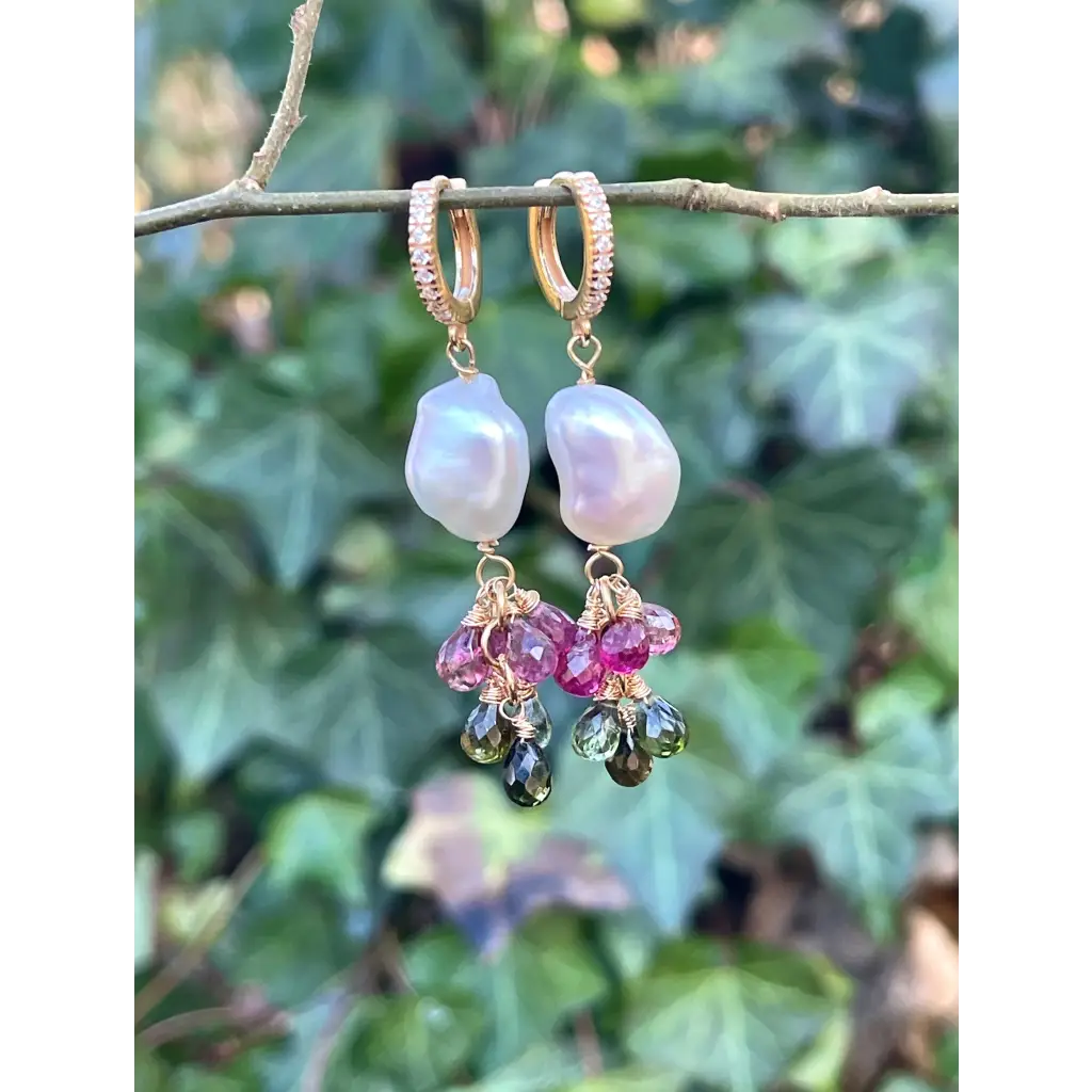 Tourmaline and pearl dangle earrings statement earrings gift