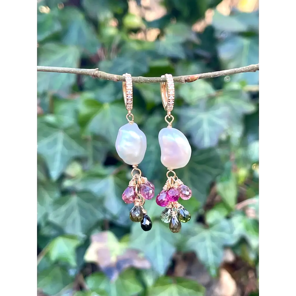 Tourmaline and pearl dangle earrings statement earrings gift