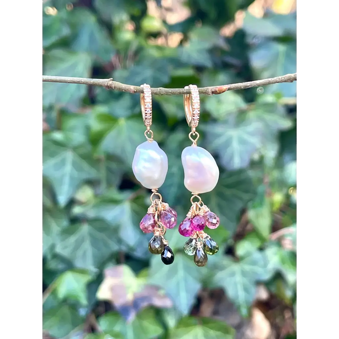 Tourmaline and pearl dangle earrings statement earrings gift