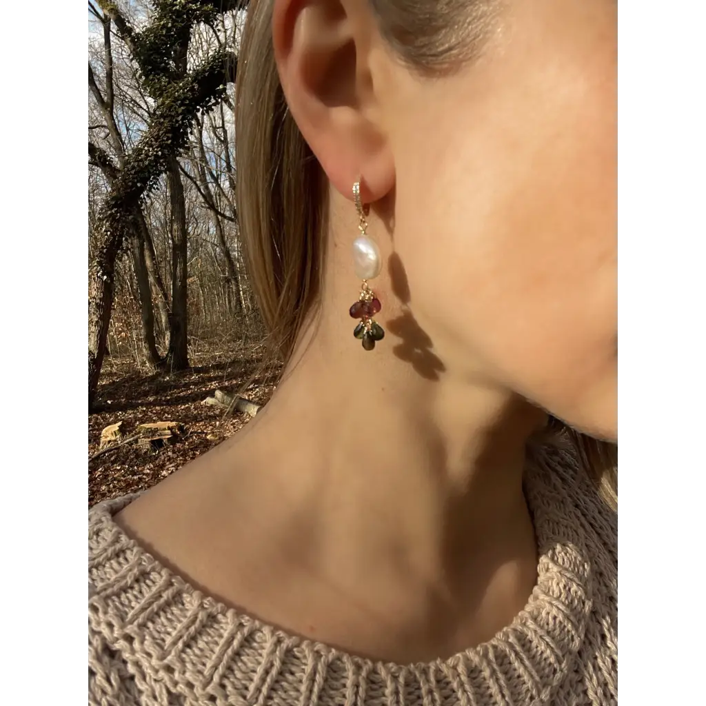 Tourmaline and pearl dangle earrings statement earrings gift