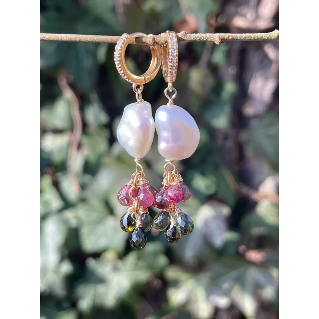 Tourmaline and pearl dangle earrings statement earrings gift