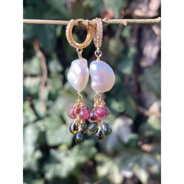 Tourmaline and pearl dangle earrings statement earrings gift