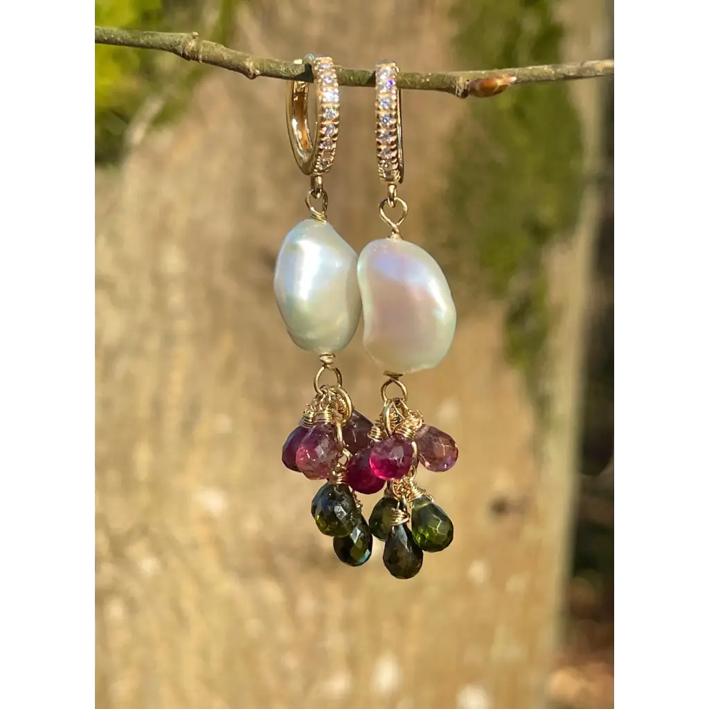 Tourmaline and pearl dangle earrings statement earrings gift