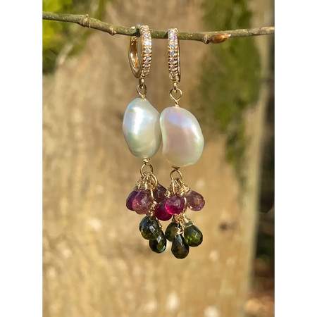 Tourmaline and pearl dangle earrings statement earrings gift