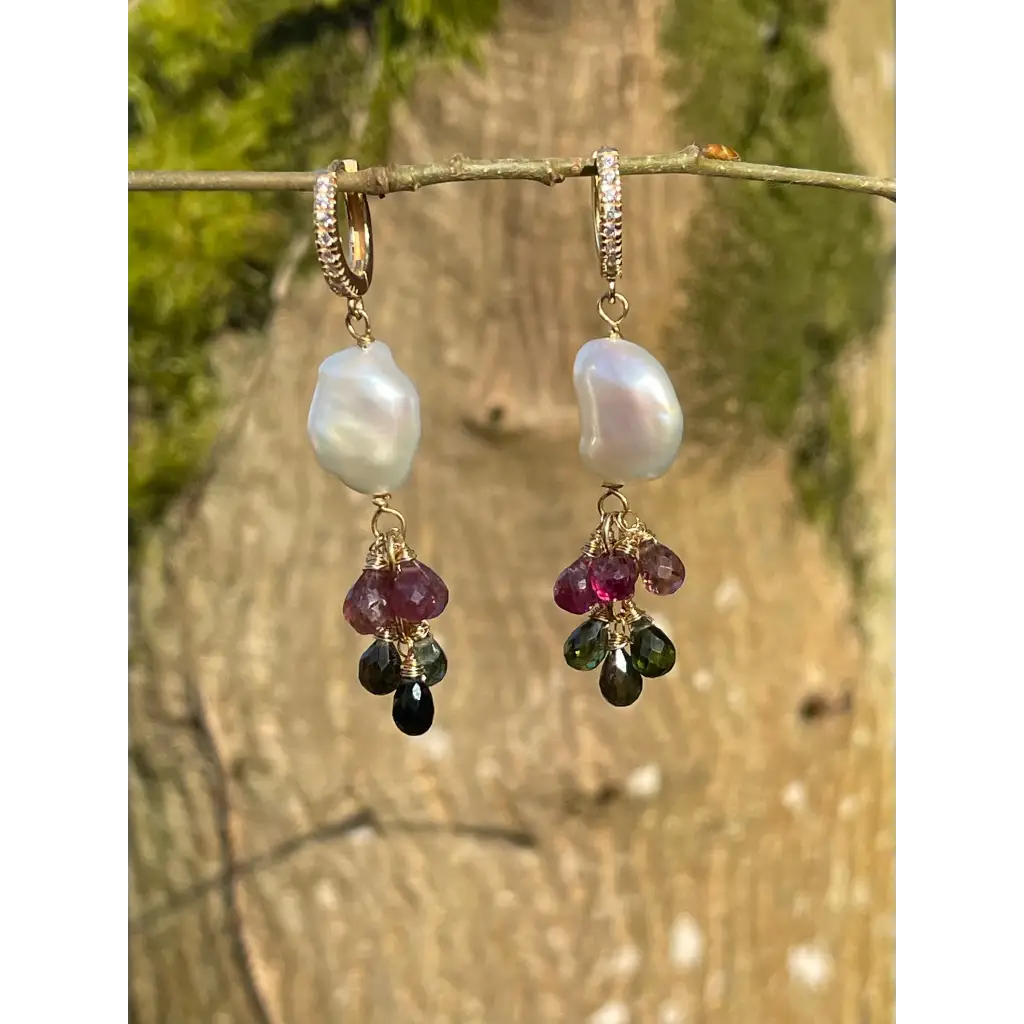 Tourmaline and pearl dangle earrings statement earrings gift