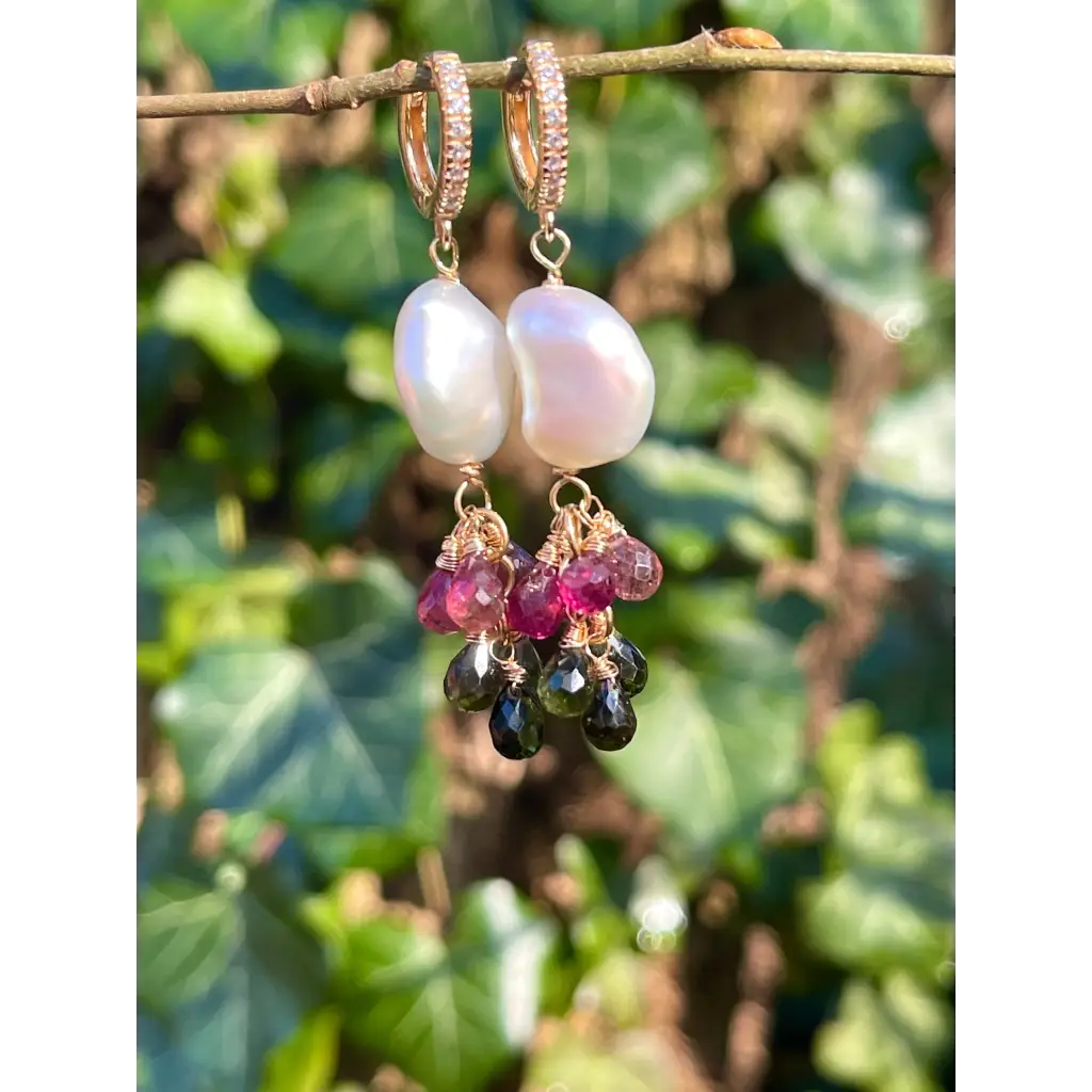 Tourmaline and pearl dangle earrings statement earrings gift
