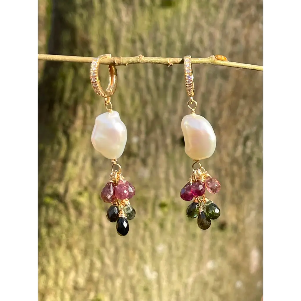 Tourmaline and pearl dangle earrings statement earrings gift