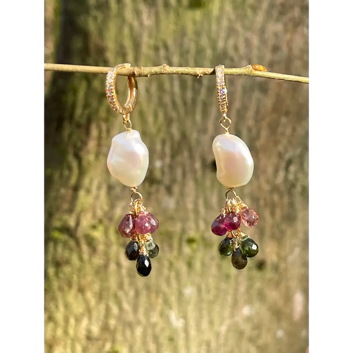 Tourmaline and pearl dangle earrings statement earrings gift