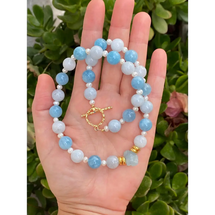 Two shades aquamarine fresh water pearl beaded necklace