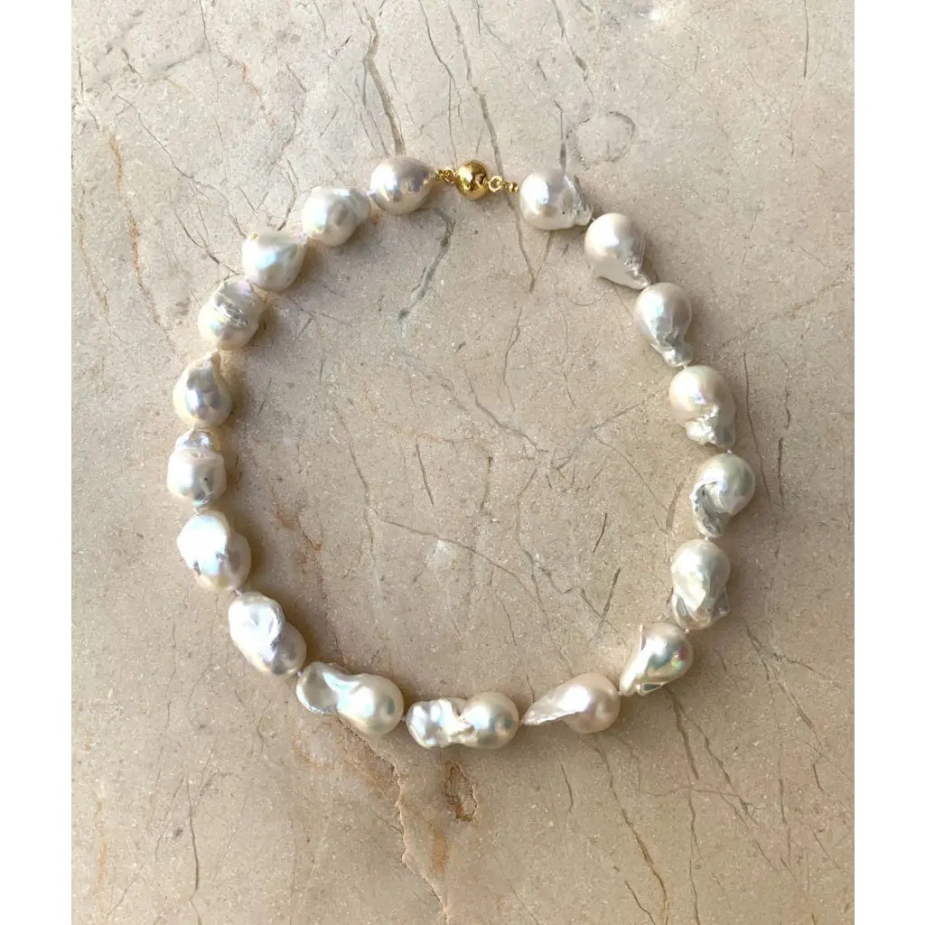 White Baroque Pearl Necklace Gold Plated Silver Magnetic
