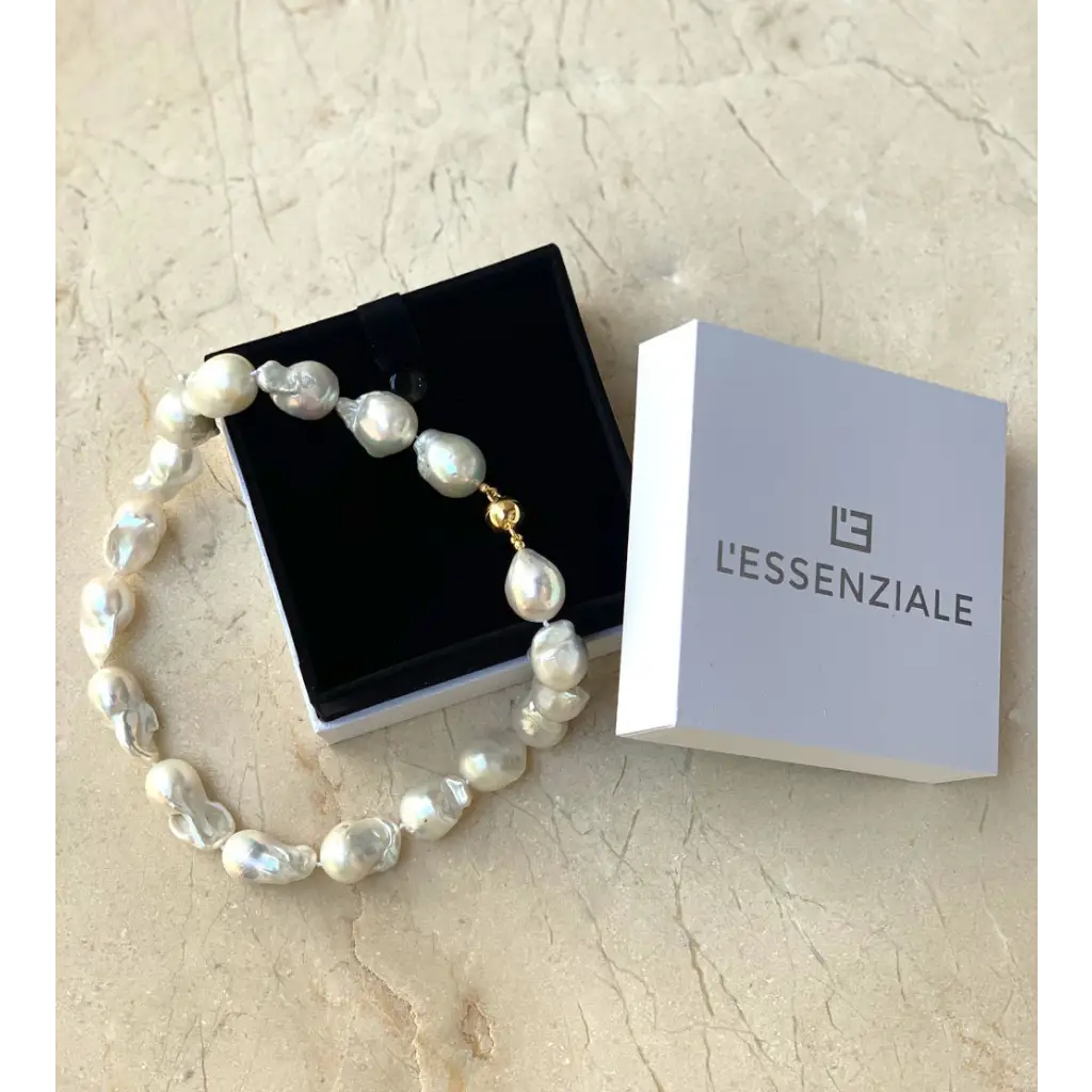 White Baroque Pearl Necklace Gold Plated Silver Magnetic