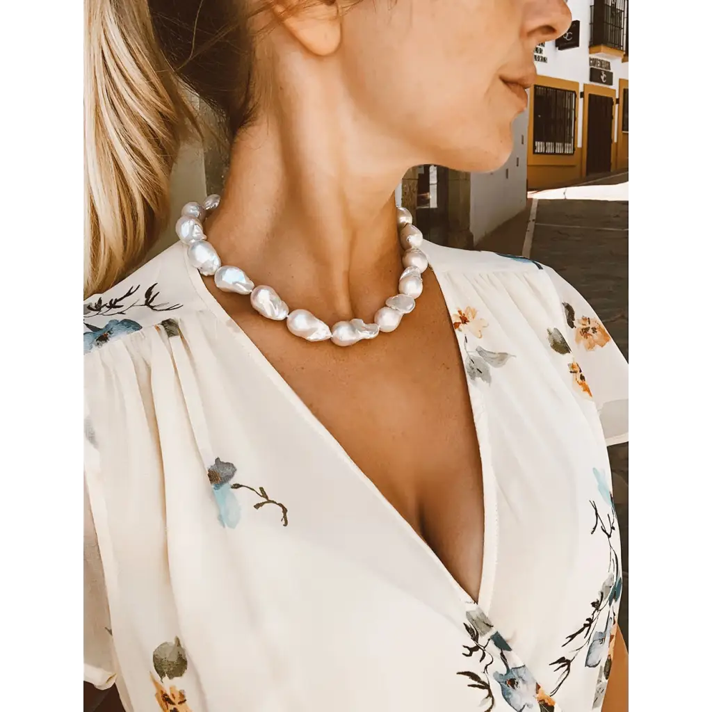 White Baroque Pearl Necklace Gold Plated Silver Magnetic