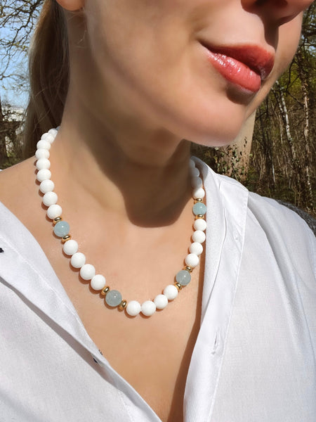 White Clam Shell Beads And Aquamarine Necklace La Costa