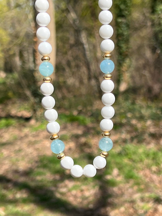 White Clam Shell Beads And Aquamarine Necklace La Costa