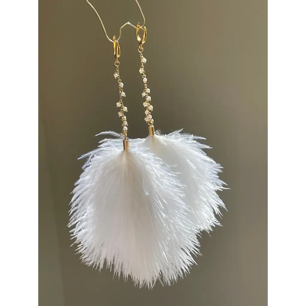 White feather and pearl earrings fresh water pearl long drop