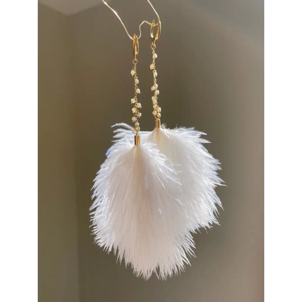 White feather and pearl earrings fresh water pearl long drop