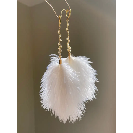 White feather and pearl earrings fresh water pearl long drop