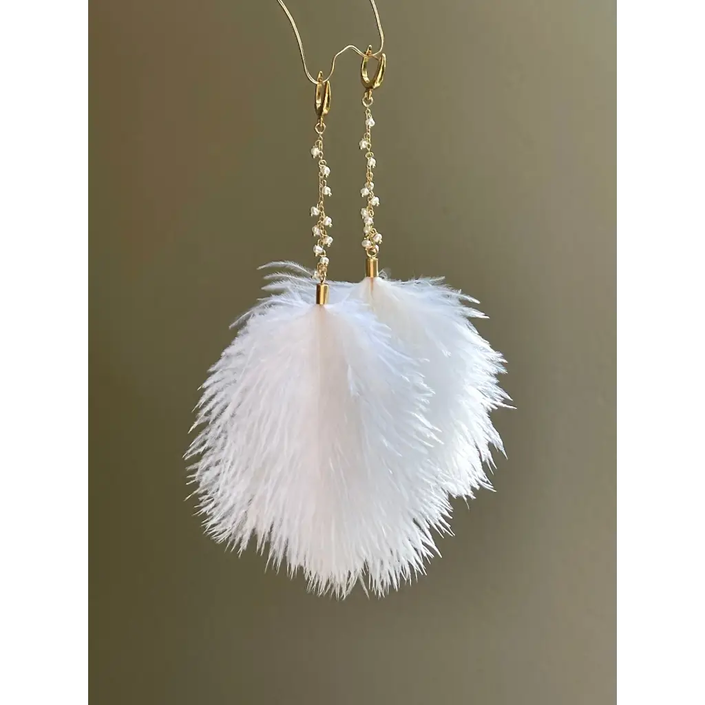 White feather and pearl earrings fresh water pearl long drop