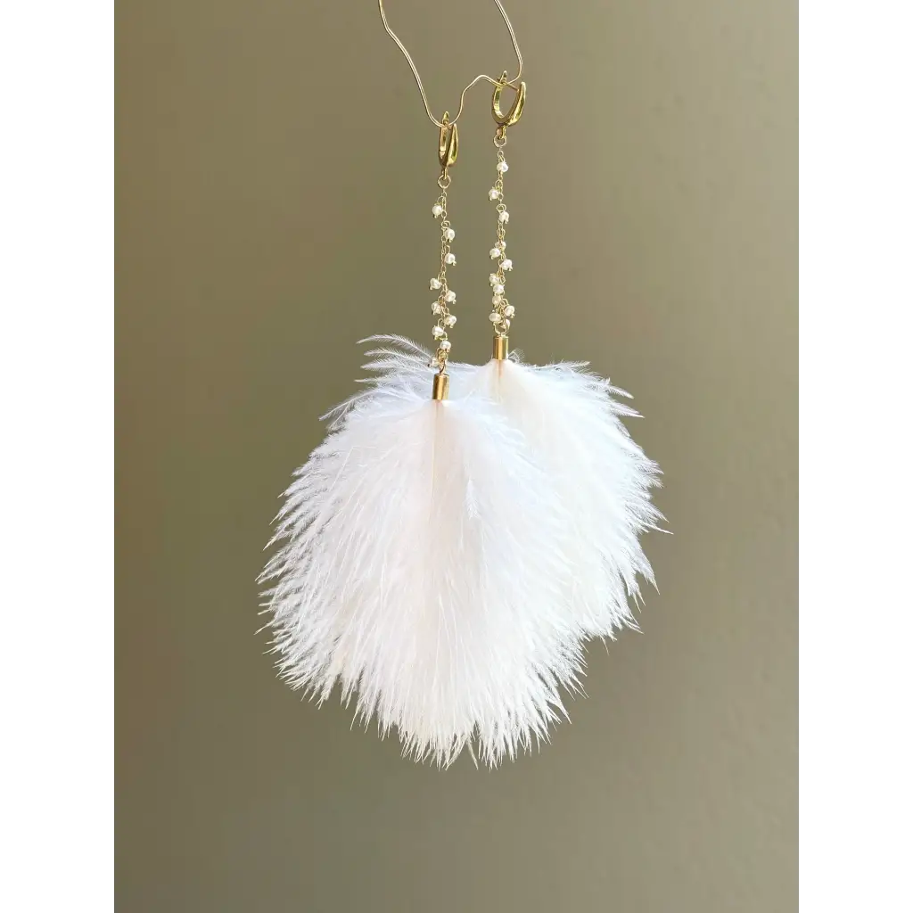 White feather and pearl earrings fresh water pearl long drop