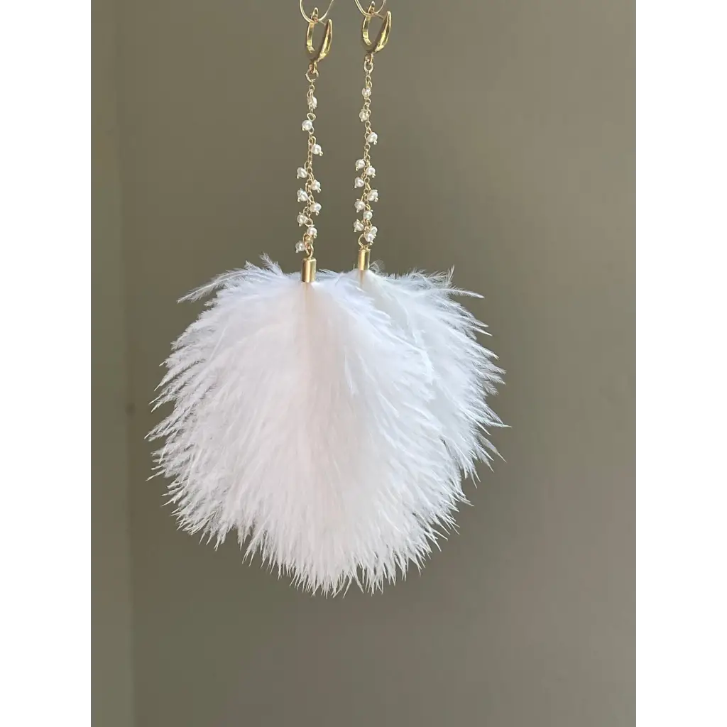 White feather and pearl earrings fresh water pearl long drop