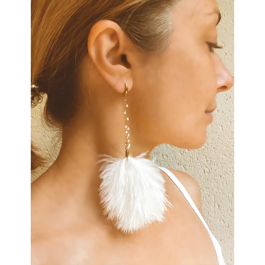 White feather and pearl earrings fresh water pearl long drop