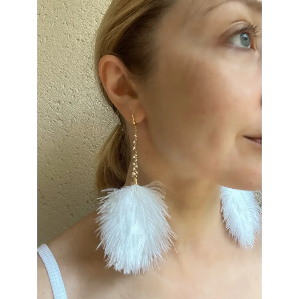 White feather and pearl earrings fresh water pearl long drop
