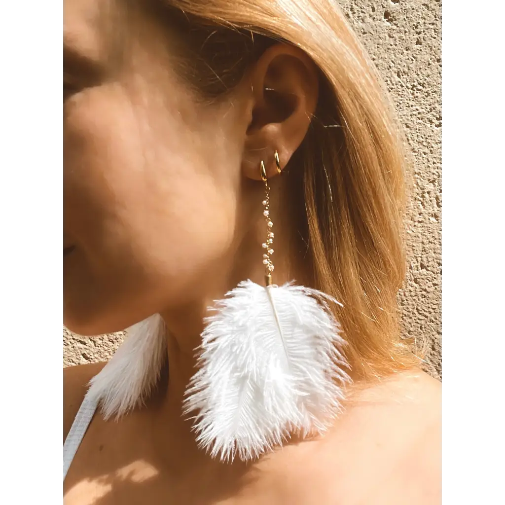 White feather and pearl earrings fresh water pearl long drop