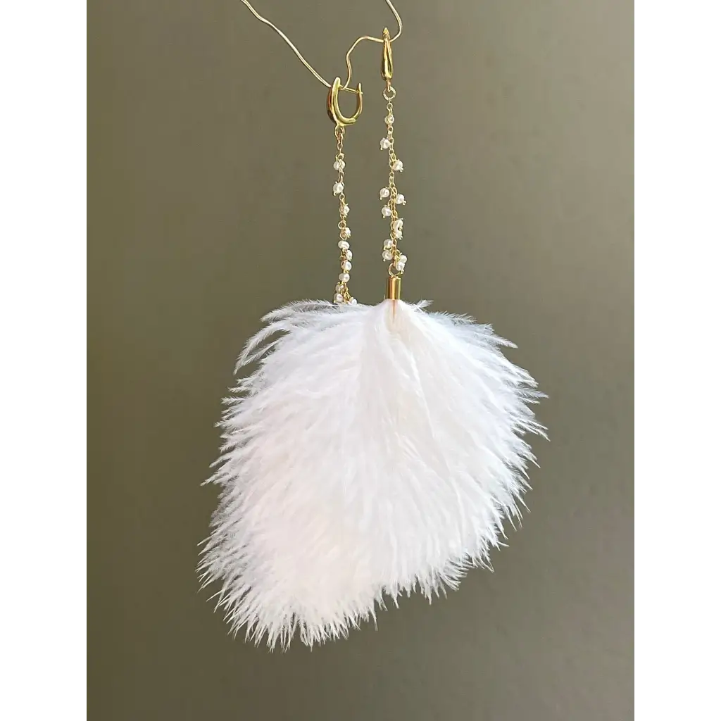 White feather and pearl earrings fresh water pearl long drop